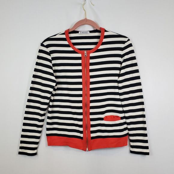 Bordado 100% Pima Cotton Knit Full Zip Sweater Striped Contrast Trim Sz M - Picture 1 of 11